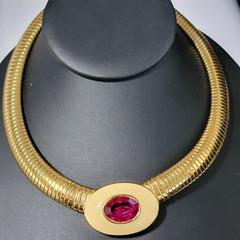 Vintage Yves Saint Laurent YSL Pink Crystal Tubogas Cream Enamel Collar Necklace
