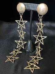 Vintage Shoulder Duster Earrings Gold Tone Open Star Link Dangles 6″ Clip On