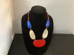 Vintage Red White Blue Adjustable Lucite Bib Necklace Bracelet Earrings MCM MOD