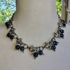 Vintage Blueberry Tutti Fruitti Cabochon & Clear Rhinetone Necklace Silver Toned