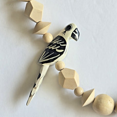 Chunky Carved Wood Bead Hand Painted Wood Parrots Birds Necklace Tribal Boho