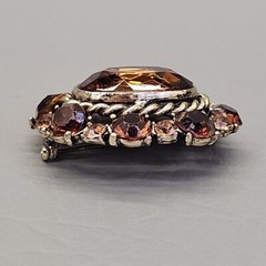 Vtg Rhinestone Brooch Gold Tone Oval Brown Glass Orange Domed Pin 1.75 in