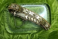 Vintage Bracelet Heavy Gold Plated Textured Diamond Cut Design with Safety Chain