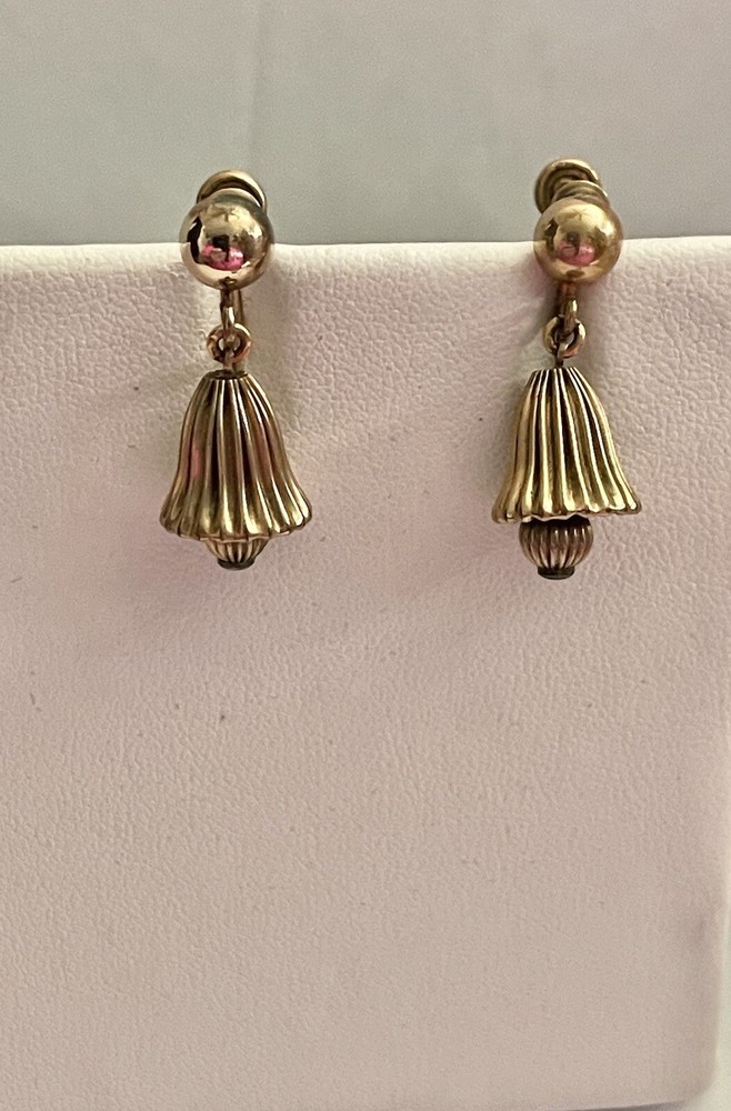 Vintage 12kt Gold Filled JMS Ribbed Bell Dangling Screwback Earrings
