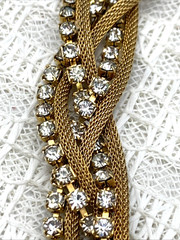 BRAIDED Goldtone Mesh & Clear Rhinestone 15″ Necklace & 1-1/4 x 1″ Clip Earrings