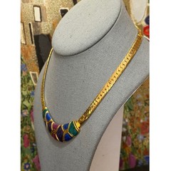 Vintage Enamel Jewel Tone Collar Necklace Womens Gold Tone Herringbone 16″