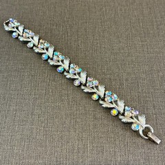 Vintage Rhinestone Bracelet Lisner Aurora Borealis Silver Tone Leaf Design