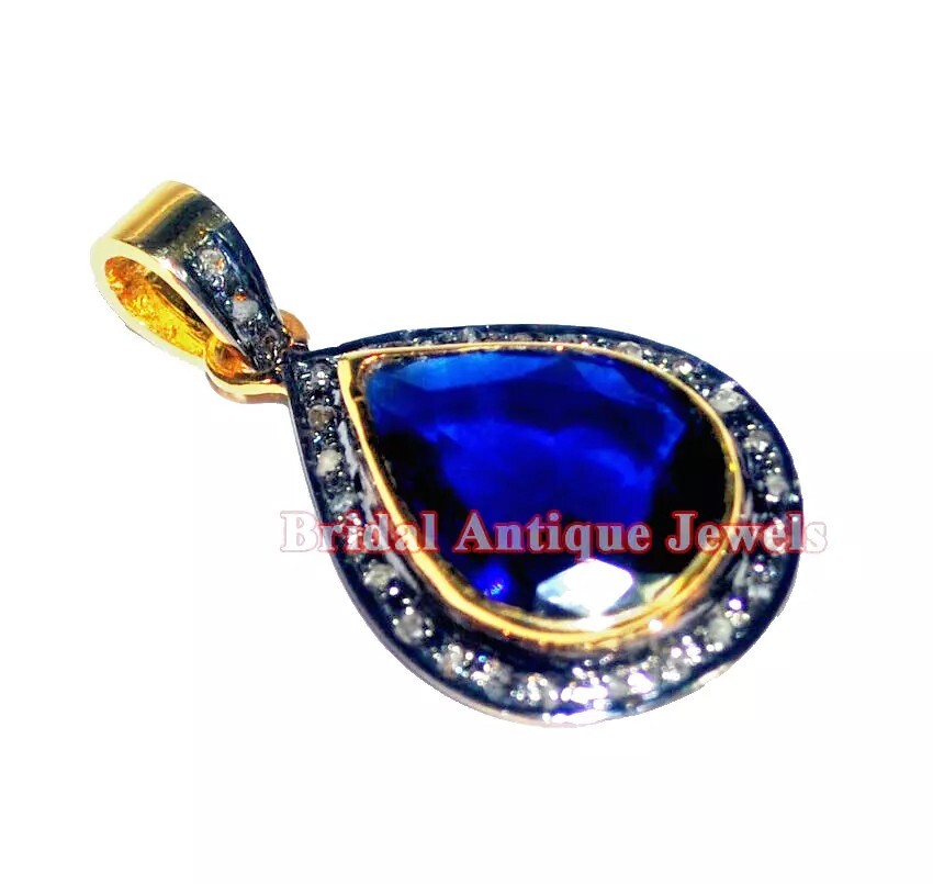 0.80ct Rose Cut Diamond Sapphire 925 Silver Victorian Look Pendant