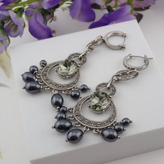 Vintage Monet Simulated Pearl Gray Crystal Silver Tone Pierced Dangle Earrings