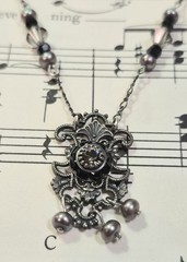 Vintage LIZ PALACIOS Necklace Dainty Crystal Pearl Black & Grey Delicate Signed