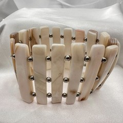 Vintage 90s Mother of Pearl Shell Stretch Bracelet Boho Wide Cuff Jewelry