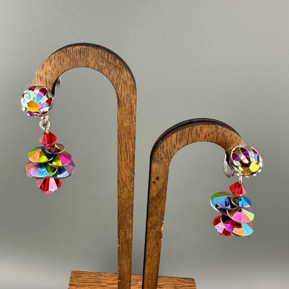 Vintage AB Rhinestone Disco Earrings Dangle Drop Multicolor Discs Clip On Galaxy