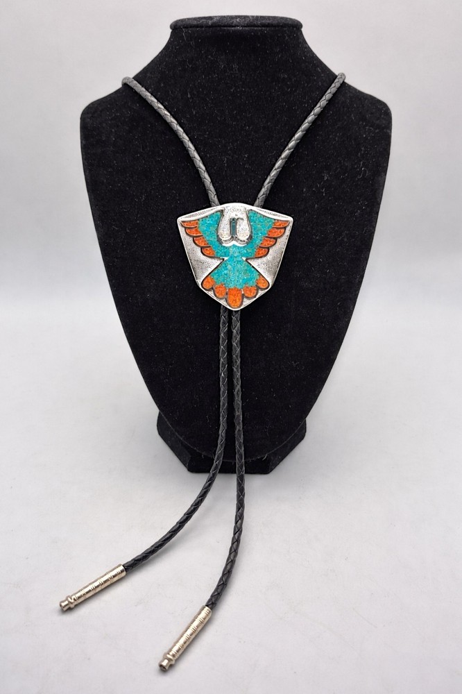 VTG Bennett Thunderbird Bolo Tie Turquoise Coral SW Native American Style