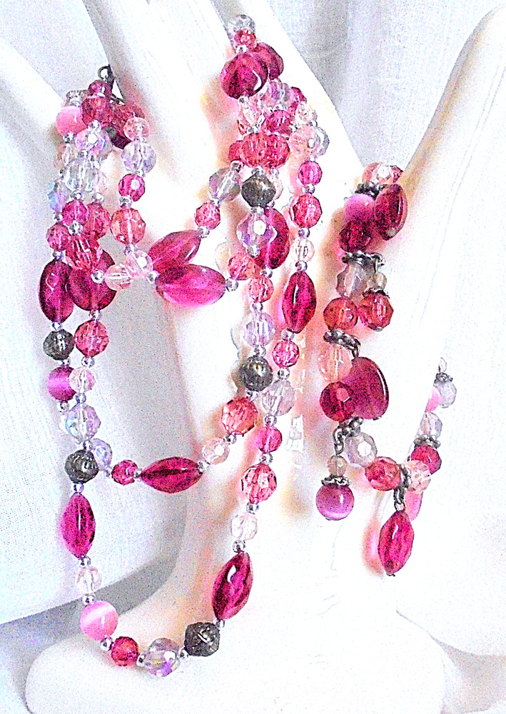 Vintage Fuschia AB Lilac Silver Tone Bead Moonglow Necklace Bracelet Marriage