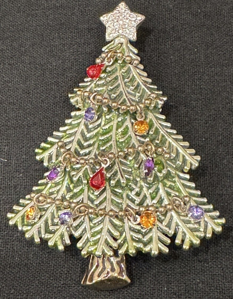Avon 2008 Brooch 5th Annual Rhinestone Enamel Christmas Tree Pin Dangle Stones