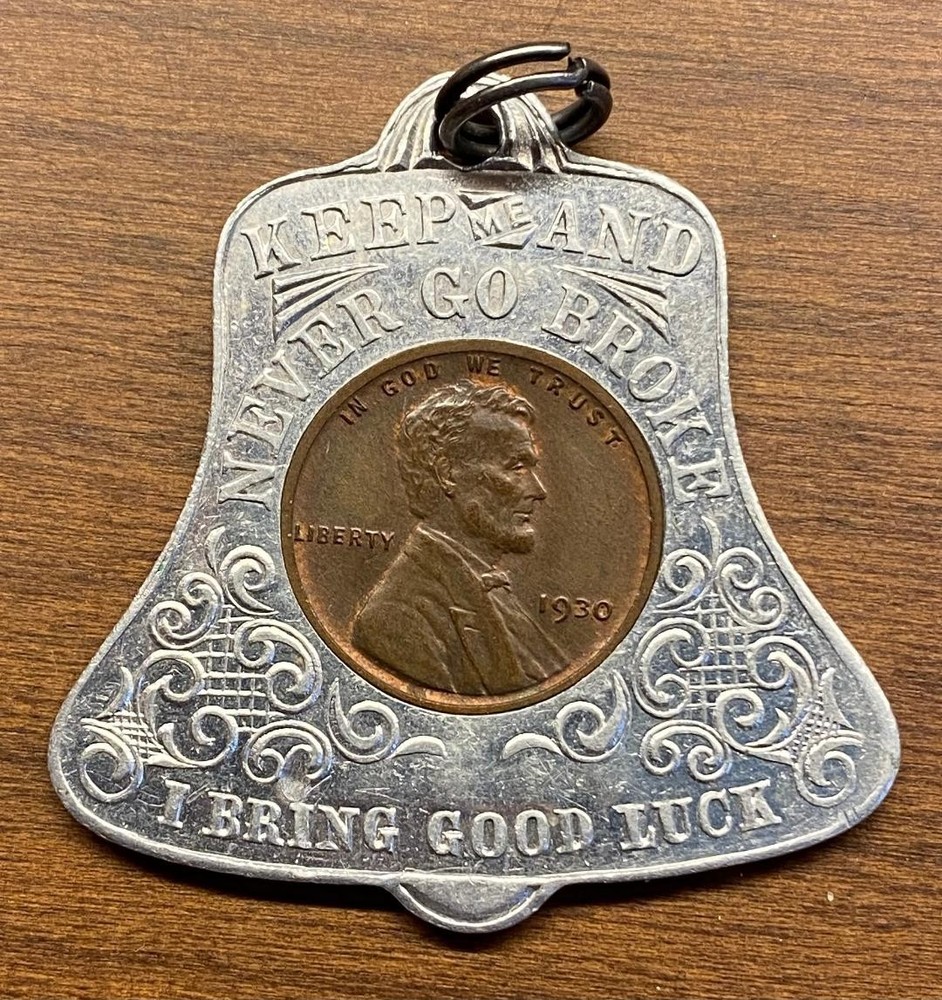 VINTAGE BELL SHAPED “GOOD LUCK/NEVER GO BROKE” PENDANT W/1930 PENNY