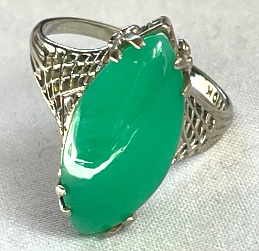 VTG ANTIQUE 1930’S BELAIS 10K W GOLD FILIGREE JADE RING SIZE 5.75 – FREE SHIP