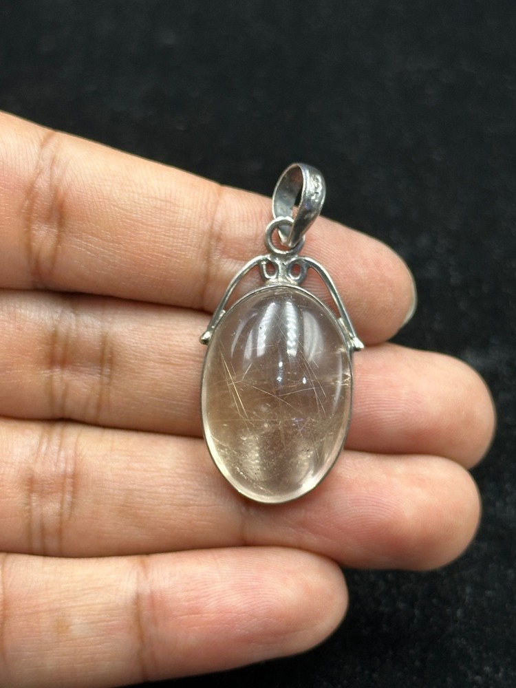Handmade Sterling Silver Natural Rutilated Quartz Stone Vintage Pendant