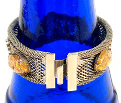 Metal Mesh Bracelet Lucite Foil Faux-Opal Cabochons Silvertone Vintage 60s