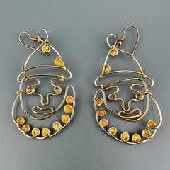Vintage Clown Earrings Gold Tone Multicolor Rhinestone Artisan Open Wire Work
