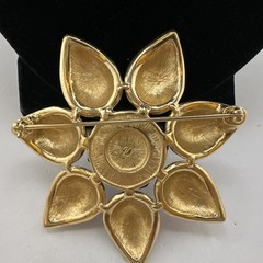 Vintage Swarovski Flower Brooch Red Enamel Black Swarovski Crystals Gold Tone