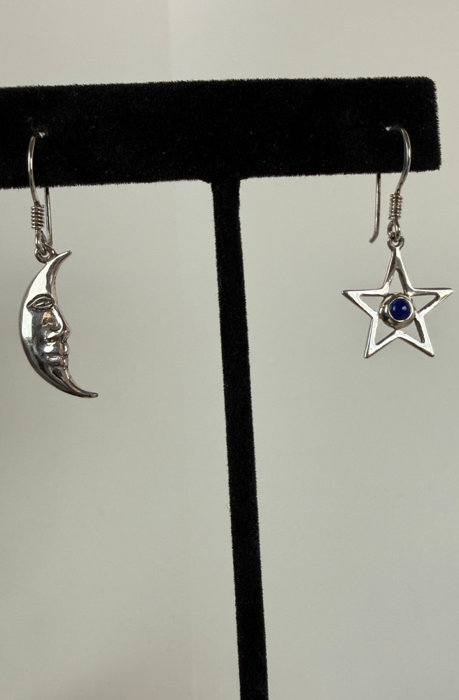 Vintage Sterling Silver SOMA Moon & Star Mismatch Earrings Lapis Celestial 925