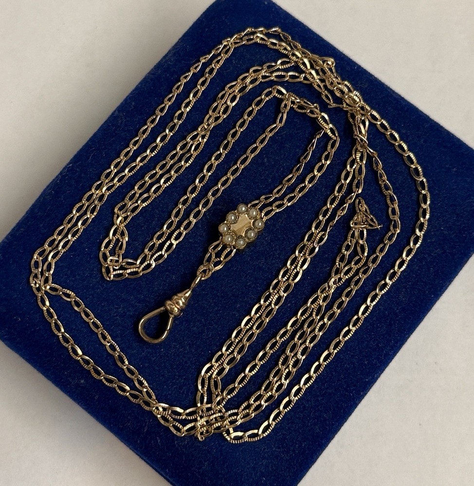 Seed Pearl Gold filled Fob Nouveau Slide Necklace Vtg 24-52” Gf victorian 7.6g