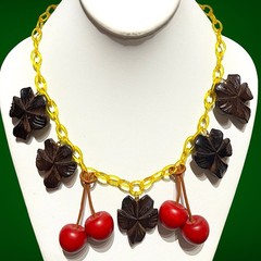Vintage Carved Wood Leaf & Cherry Necklace with Apple Juice Celluloid Chain