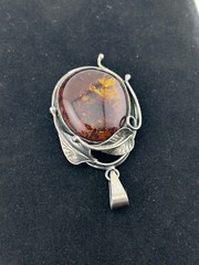Natural Baltic Amber Organic Fossil 925 Silver Vintage Large Pendant Latvia 70s