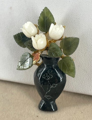 VTG SWOBODA Carved Jade & Coral Roses in Onyx Vase brooch -Read-