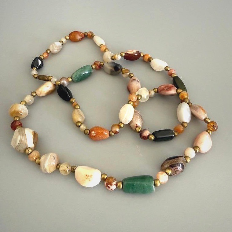 Vintage Beggars Bead Necklace 34″ Opera Long Polished Stones Colorful Heavy