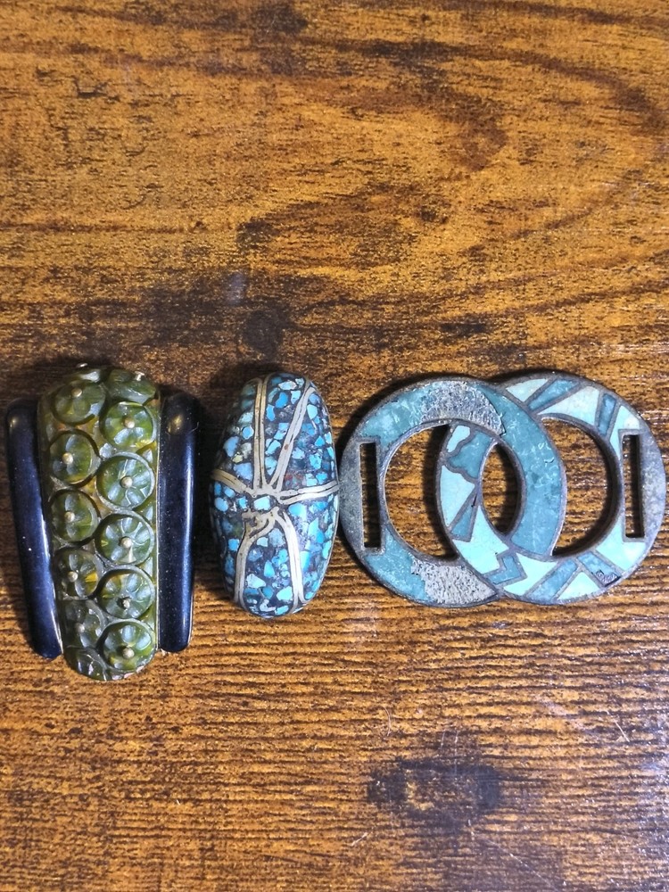 3pc Vtg 1930s Art Deco Jewelry Lot Carved Celluloid Pendant Turquoise Buckle