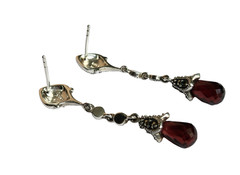 VINTAGE GARNET & MARCASITE STERLING SILVER LONG DROP EARRINGS