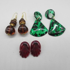 Vtg Lucite Earrings Drop Dangle Green Red Brown Hook for Pierced Ears lot of 3