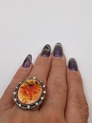 Vintage Adjustable Floral Glass Oval Cocktail Ring Gold Brass Multicolor