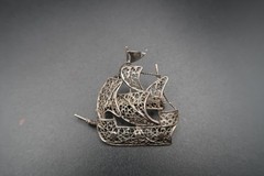 Vtg Brooch Pin Silver 800 Filigree Galleon Masted Ship Brooch Exquisite Detail