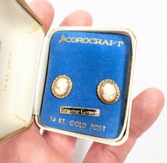 Vintage Corocraft 14kt Gold Post Cameo Earrings in Box