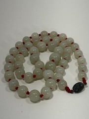 Vintage Chinese Red Knot Celadon Jade Bead Necklace 24” W/ Silver Clasp