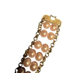 Vintage Gold Tone Pink Faux Pearl Double Row Chain Link Bracelet Fold Over Clasp