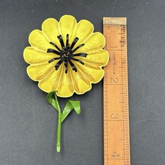 Vintage 3D Enamel Metal Flower Brooch Pin Yellow Daisy Black Center With Stem
