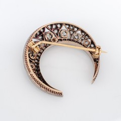 Antique Portuguese 1.50ct Diamond Crescent Moon Brooch 19k Gold Silver Jewelry