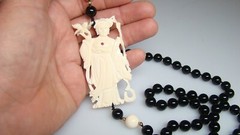Vintage Large Chinese Asian Woman Pendant on Onyx Black Bead Necklace