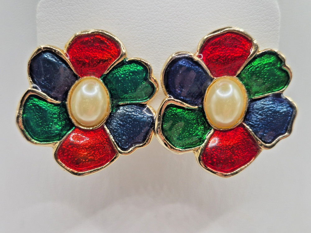 Vtg Clip Earrings 1980s-1990s Red Green Blue Floral w Faux Pearls Enamel Pretty