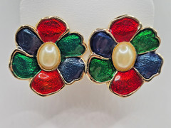 Vtg Clip Earrings 1980s-1990s Red Green Blue Floral w Faux Pearls Enamel Pretty
