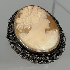 Victorian Antique Silver Tone Filigree Cameo Pink White Lady Carved Shell Brooch