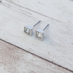 Vintage Stud Earrings Small & Dainty Square Shape with Clear Gem
