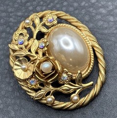 Vintage Gold Tone Floral Brooch Pin Faux Pearl Cabochon AB Crystal Rhinestone