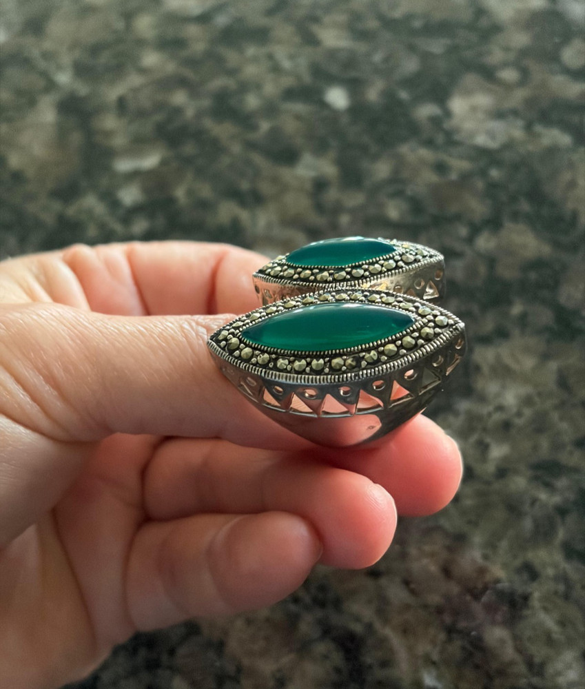 Marcasite Sterlling Silver Chunky Double Green Stone Ring, Size 8