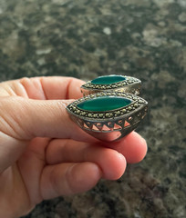 Marcasite Sterlling Silver Chunky Double Green Stone Ring, Size 8