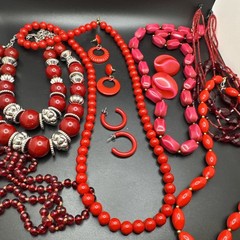 Vintage Red Pink Jewelry Lot 6 Necklaces 3 Earrings Chunky Beaded Statement